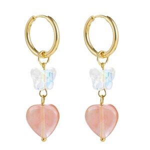 Gold Hoop Butterfly & Heart Dangle Earrings – 1.85 x 0.59 Inch Cute Charm Drop E